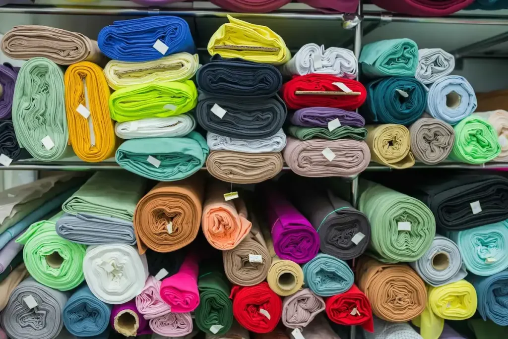 Fabric rolls stored on racks for selection and costing.
