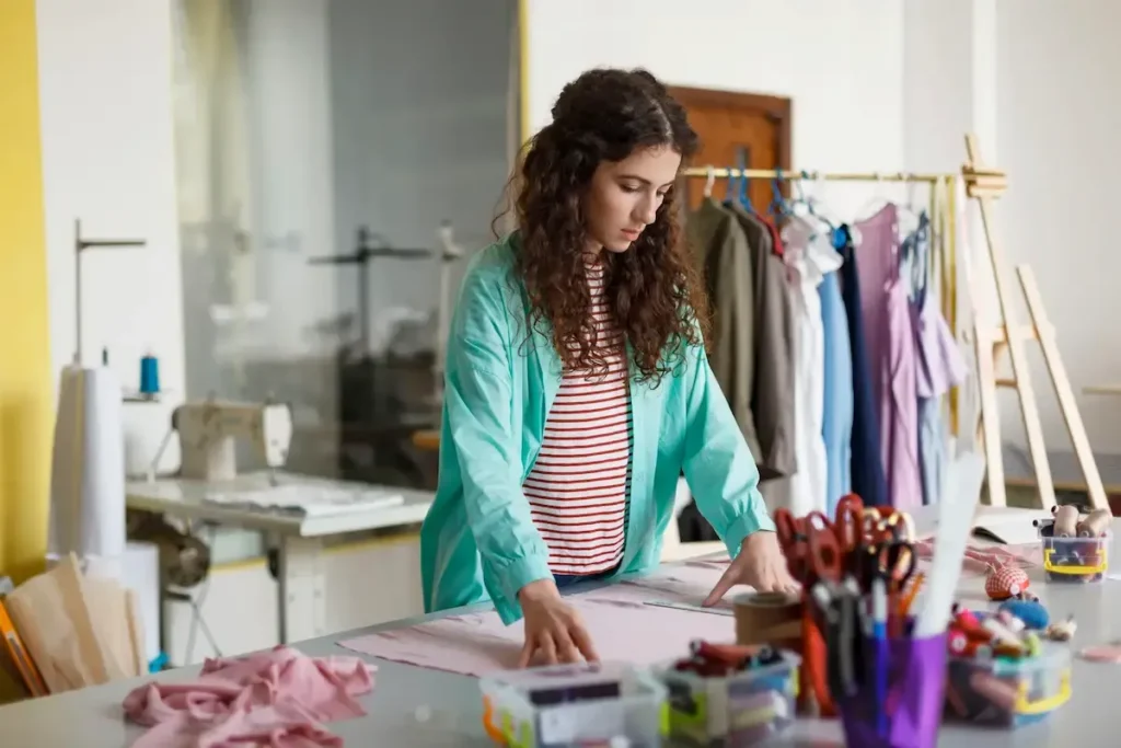 Fabric being cut in a garment sampling room.