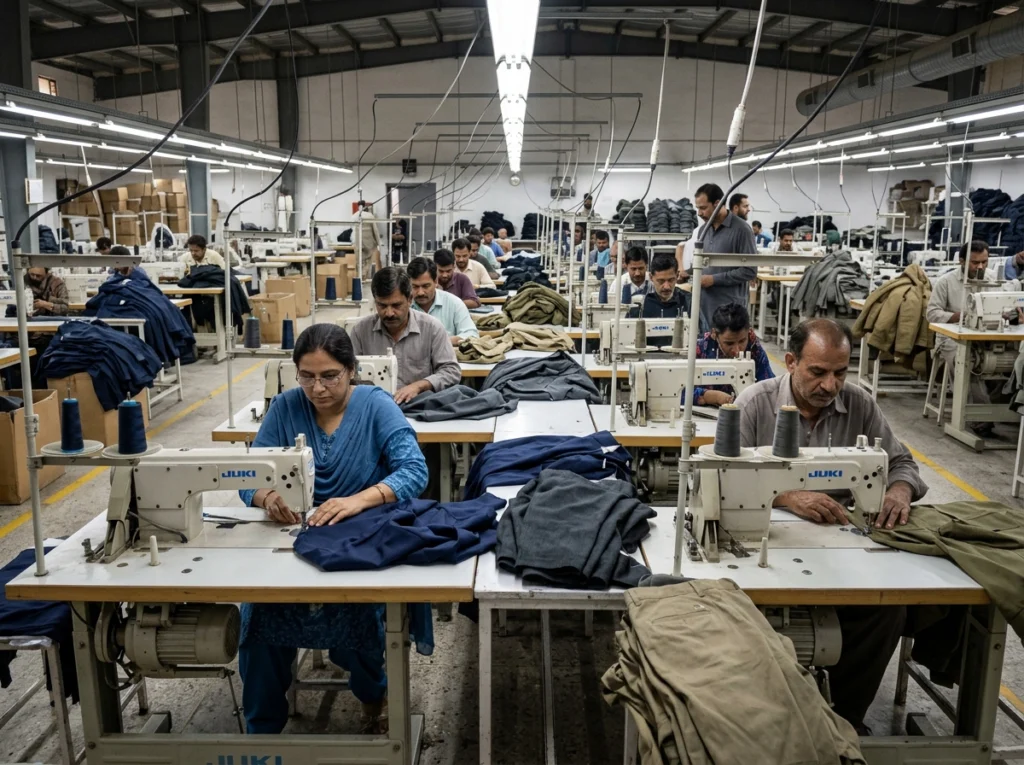 Industrial sewing machines operating during bulk garment production.
